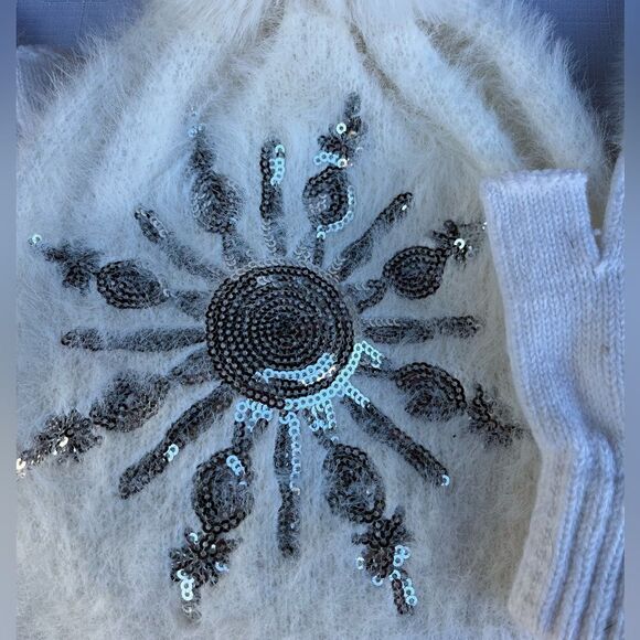 Girls’ hat and glove set, white, fuzzy faux fur, silver sequin snowflake, OS - Picture 3 of 8
